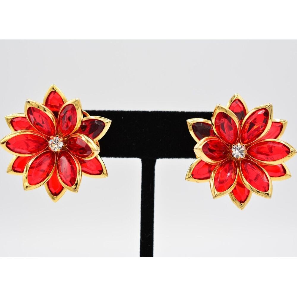 Vintage Flower Earrings Red Open Bezel Crystal Rhinestone Gold Marquise BinAI
